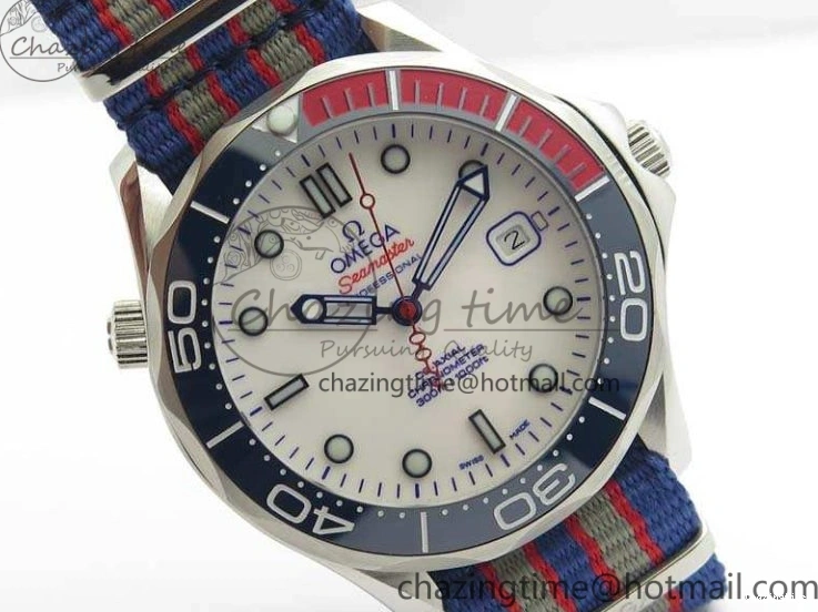 0213 FashionForward Seamaster 300M 007 SS URF 1:1 Best Edition White Dial Ceramic Bezel On Nylon Strap A2507(Free SS Bracelet) 8118